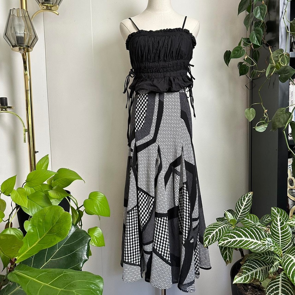 Laps Women Small Black White Geometric Abstract Print Pleated Maxi Skirt Lined